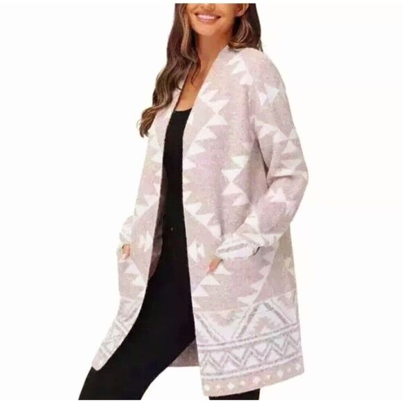 FRYE Women's S The Cozy Aztec Jacquard Luxe Open Front Cardigan Oatmeal Beige - Picture 1 of 6